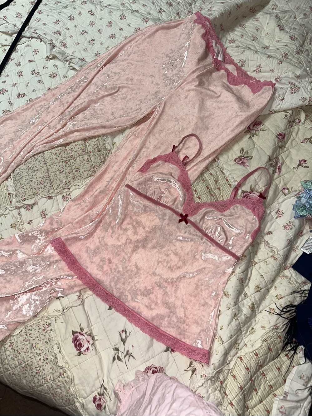 Y2K Victoria's Secret Angel Pink Velvet Lace Trim Cami & Pants Set